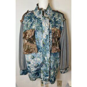 POL Oversize Shacket Tapestry Full Zip Jacket Artsy Blue Green Gray Floral S
